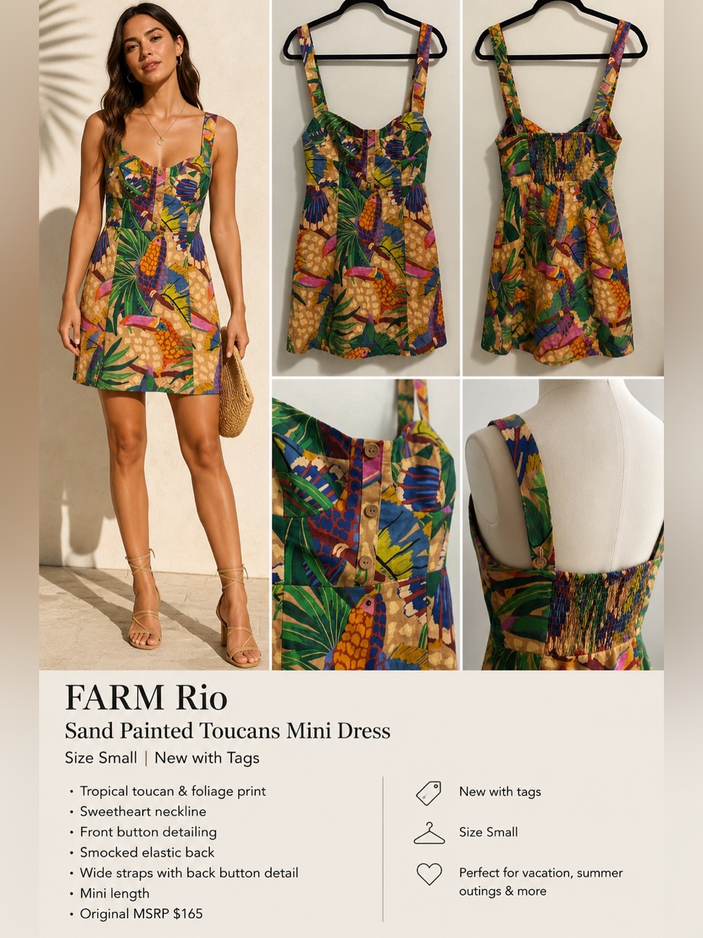 FARM Rio Sand Painted Toucans Mini Dress NWT Size Small